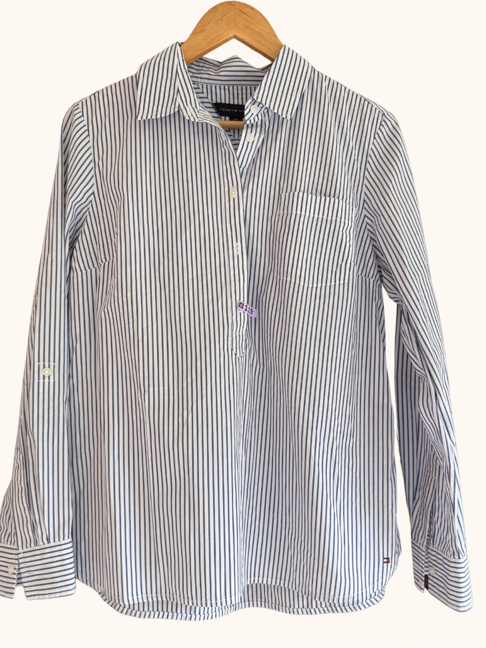 Tommy Hilfiger Blue & White Striped Roll Tab Sleeve Popover Shirt Large L